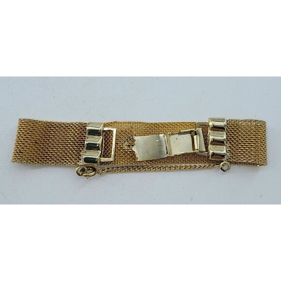 Unbranded Gold Tone Mesh Bracelet w/ Safety Chain Black Flower Cameo Rhinestone - Picture 6 of 8